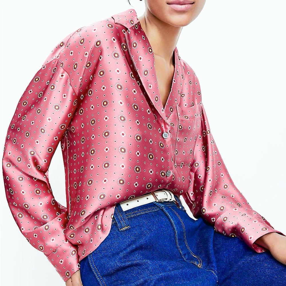 Ann Taylor LOFT Satin Floral Foulard Lapel Shirt Front  Pocket Dropped Shoulder